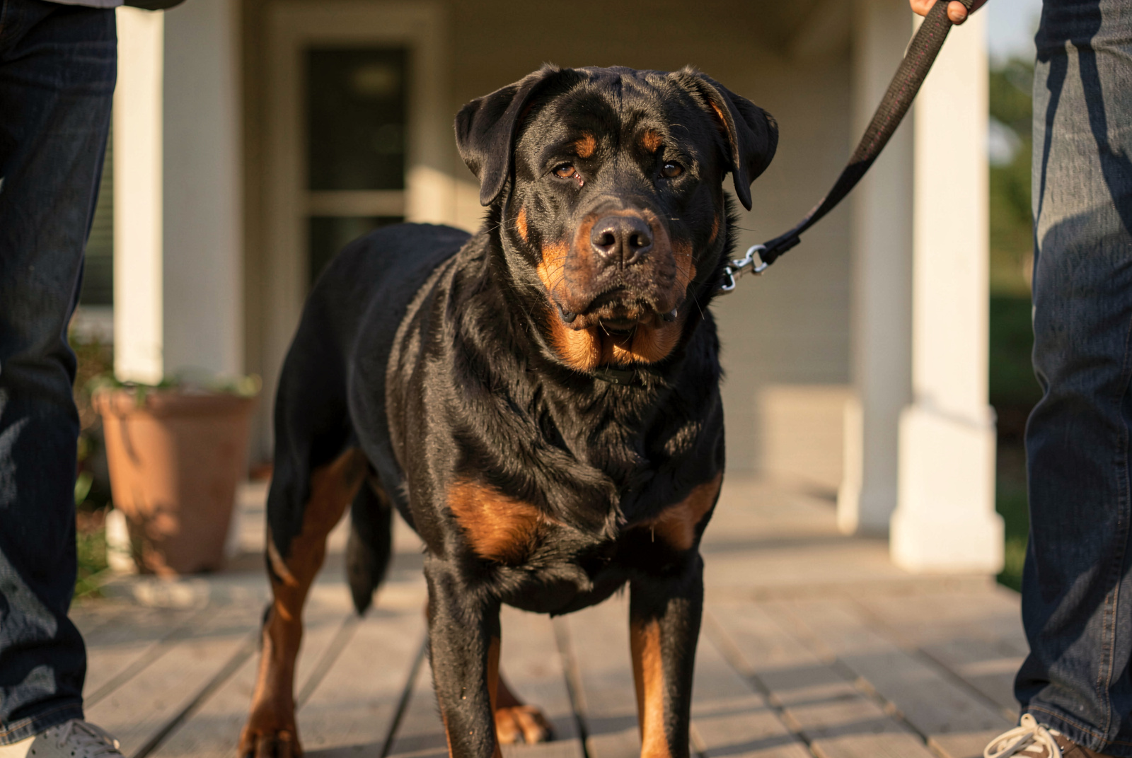 A large adult Rottweiler standing on a wooden porch in late afternoon light, leash held loosely by a person whose legs are visible at the frame edge, shallow depth of field on the dog's shoulders and head.