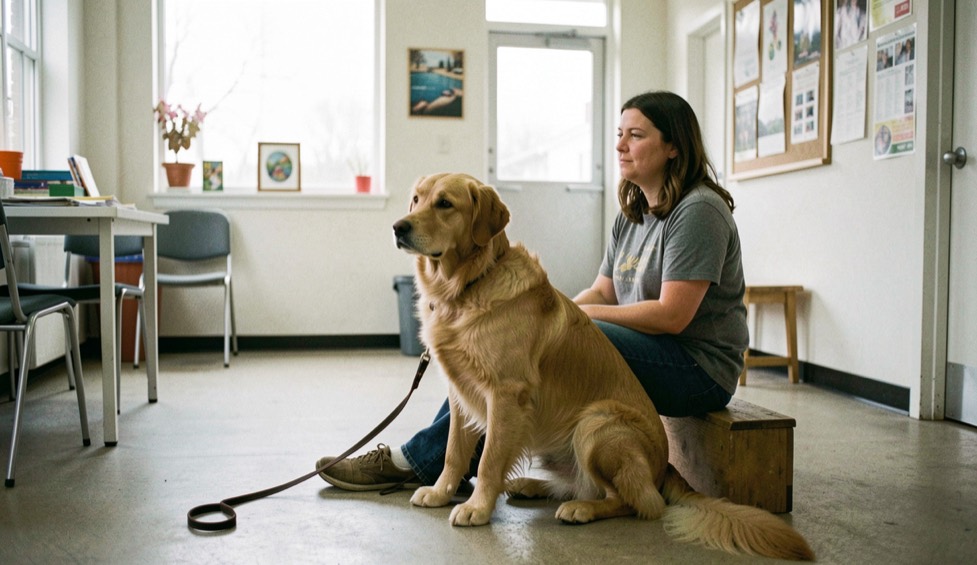 A person sitting quietly with an adopted dog in a bright shelter meeting room with a lead nearby