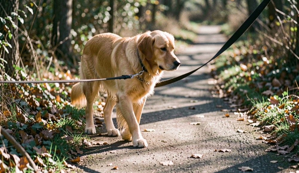 A relaxed golden dog walking beside a leafy path with a loose lead and morning shadows on the ground
