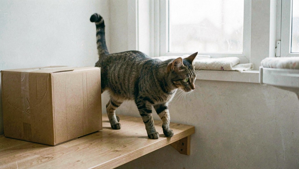 A tabby cat stepping between a low shelf, cardboard box and window perch in a compact bright room