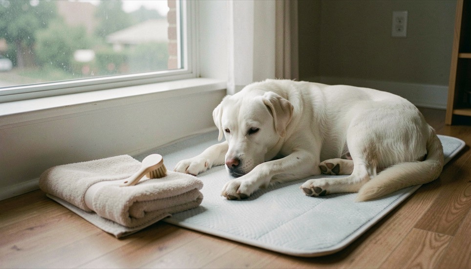 A soft brush and folded towel beside a calm white dog resting on a washable mat near a window