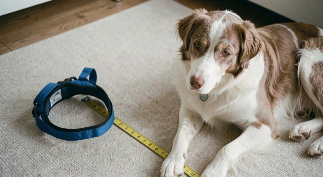 A blue dog harness laid beside a measuring tape and a calm mixed-breed dog on a neutral mat