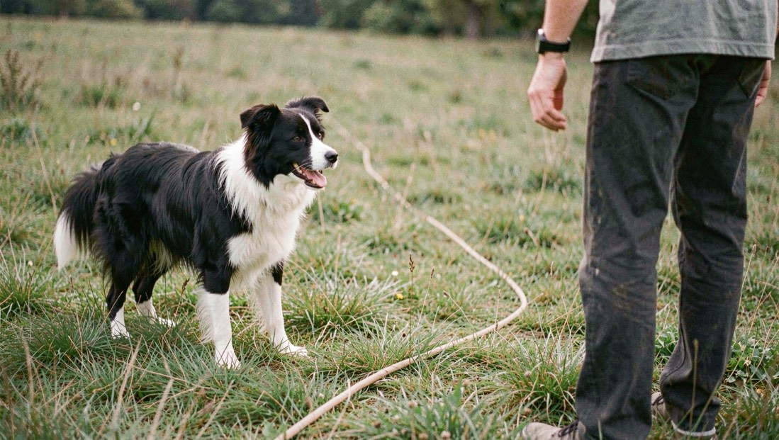 A happy border collie turning toward a person across a quiet meadow with a long line on the grass