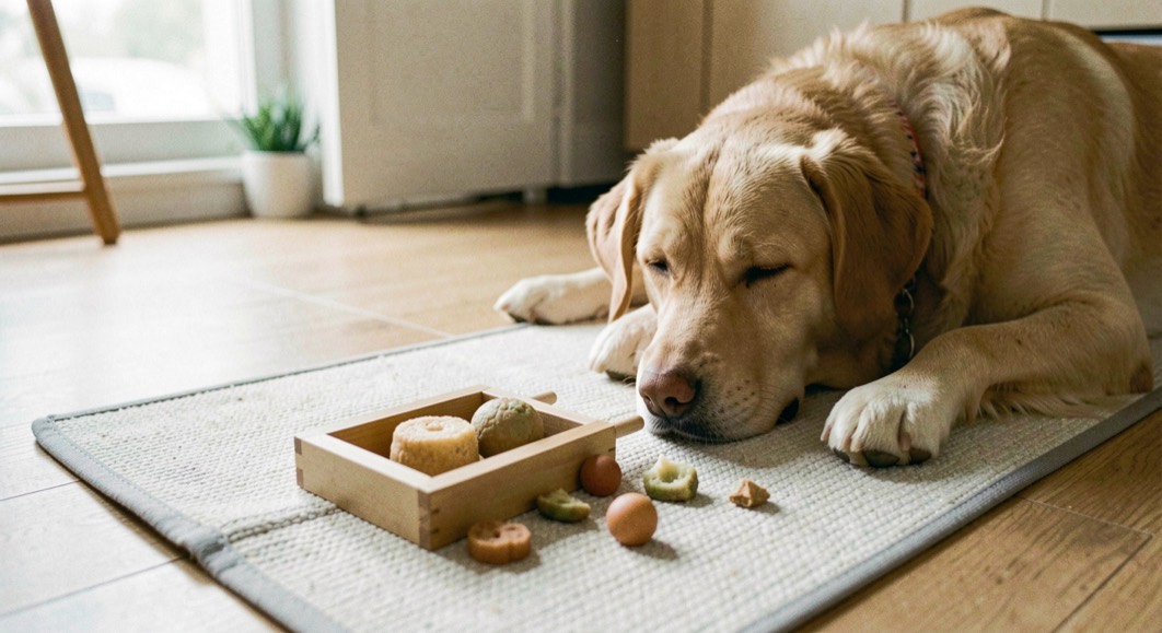 A shallow slow feeder and simple food puzzle beside a relaxed dog on a washable kitchen mat