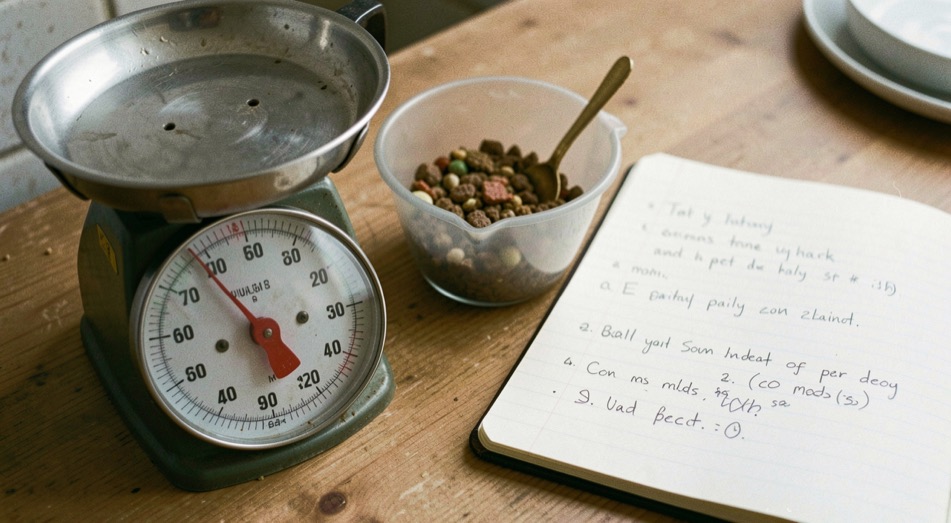 A kitchen scale, measuring cup and small pet meal prepared beside a notebook with simple daily notes