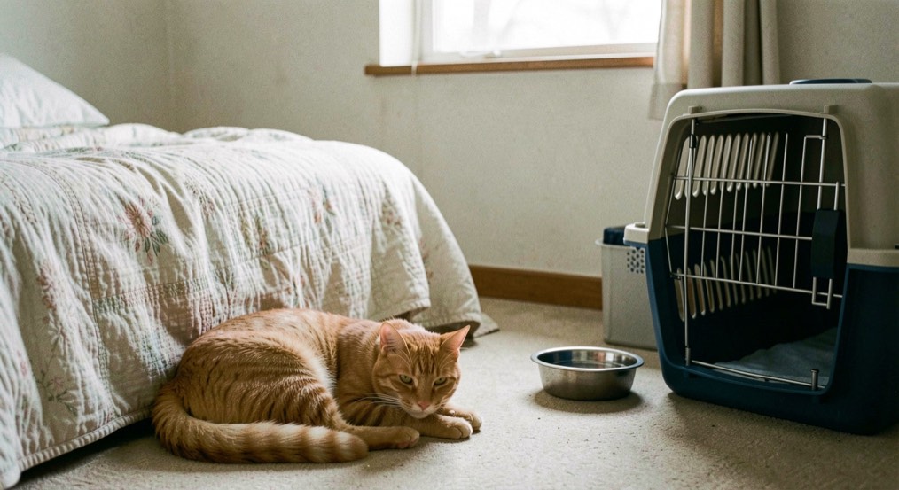 A ginger cat resting in a quiet arrival room with a covered bed, water bowl and open carrier nearby