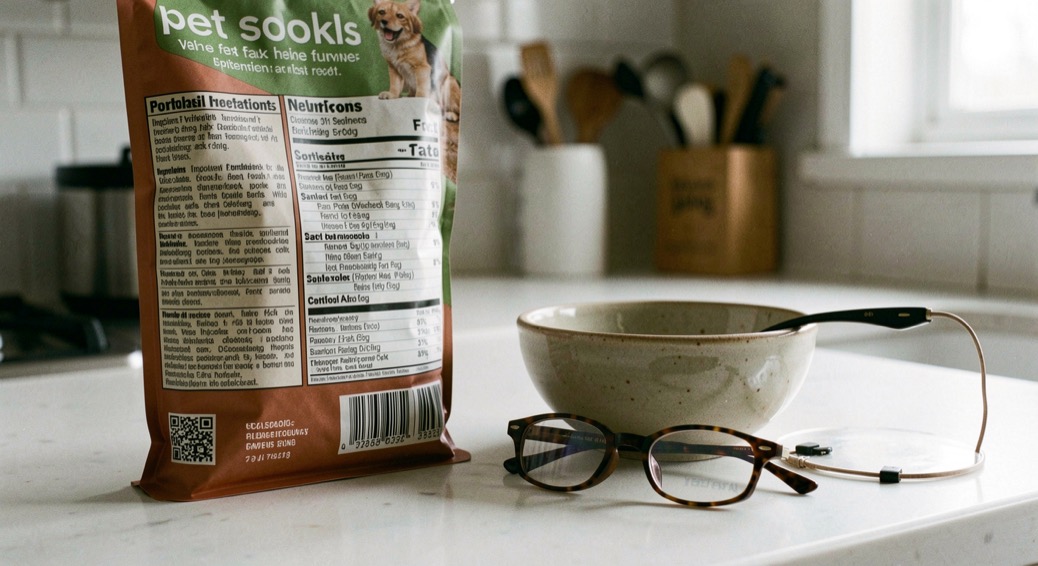 A pet food bag, ingredient panel and reading glasses arranged beside a ceramic bowl on a kitchen counter