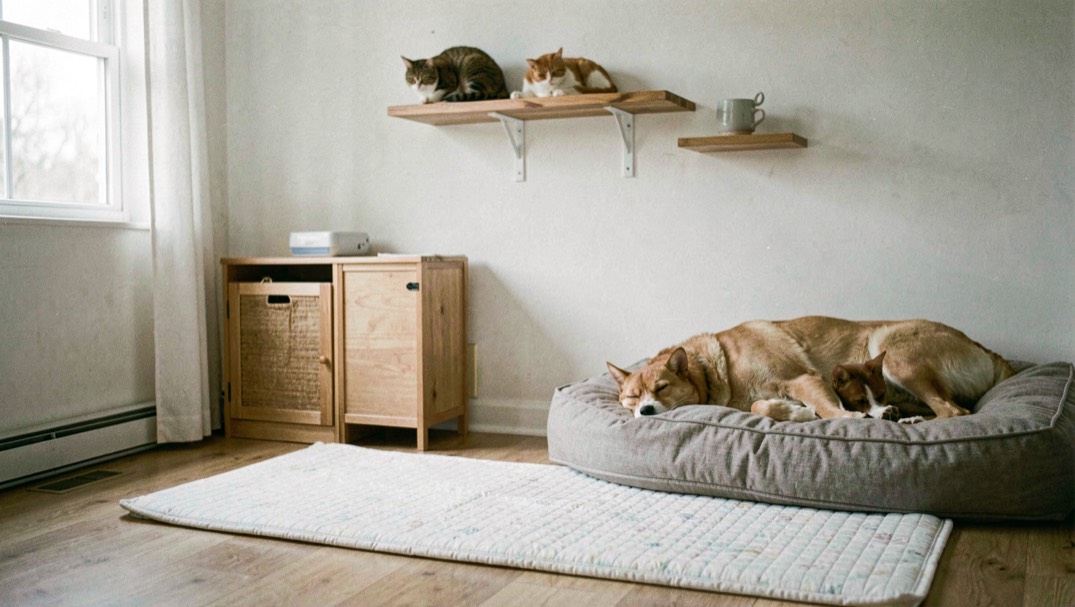 A bright living room with a washable pet mat, low storage and a cat shelf above a dog bed