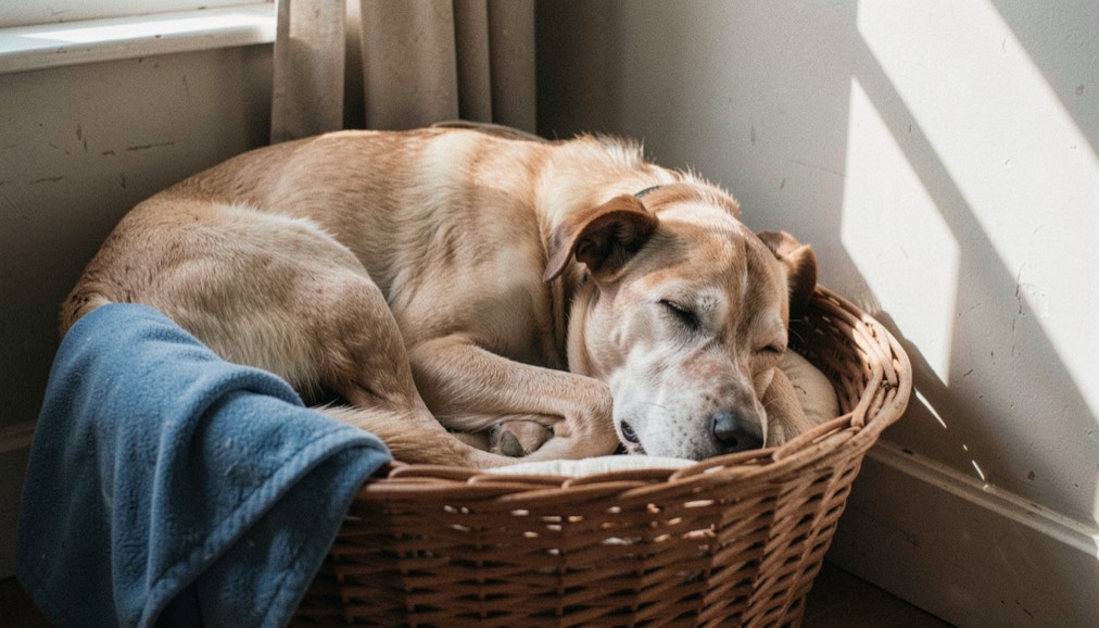 A senior dog sleeping in a woven basket beside a sunlit wall and a folded blue blanket