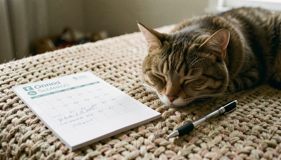 A pet care calendar, vaccination record and pen beside a sleeping cat on a woven blanket