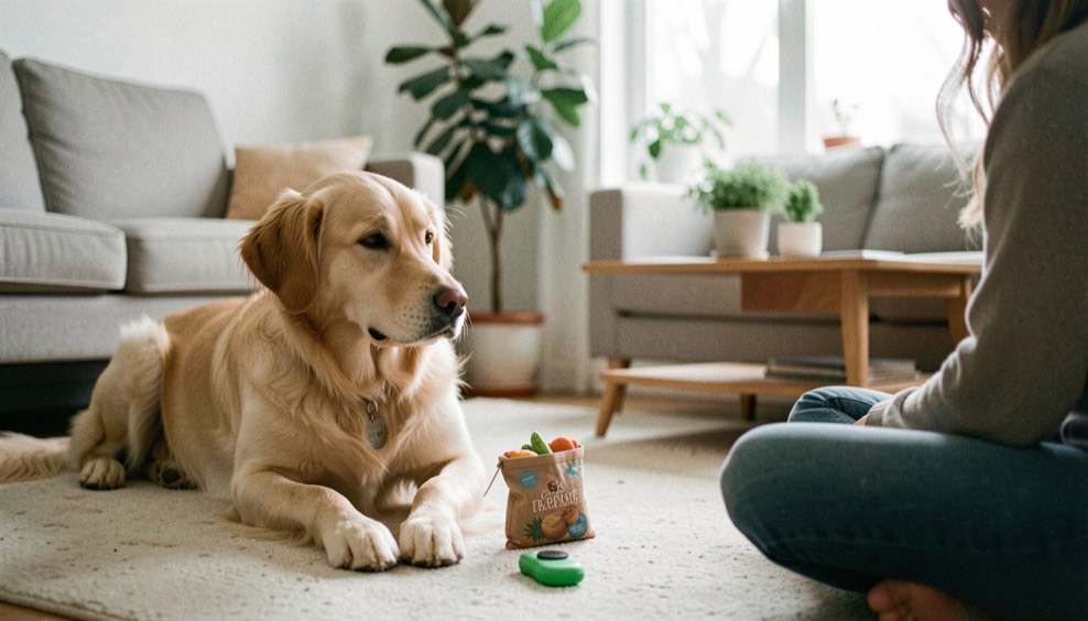 A small treat pouch and clicker beside a relaxed dog watching its person in a bright living room