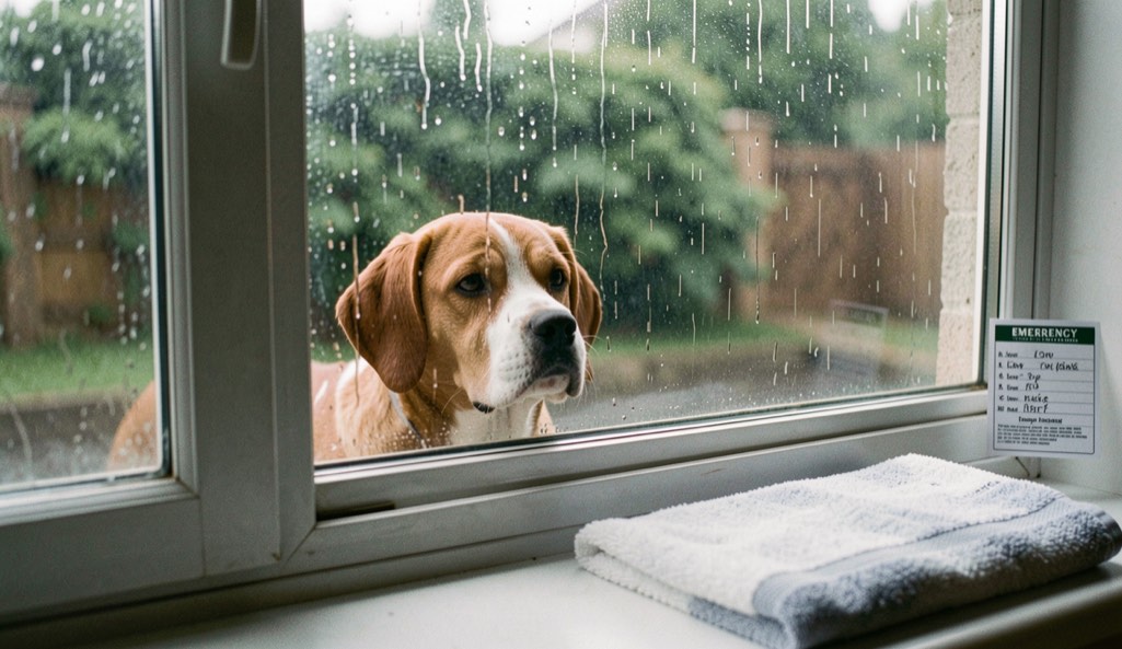A dog watching rain at a closed window beside a towel, reflective lead and tidy emergency note
