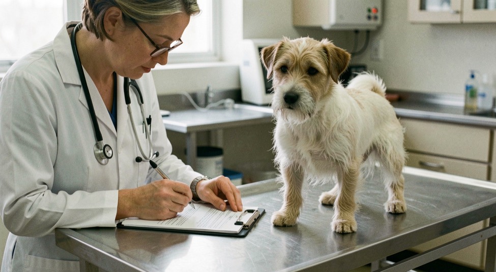 A veterinarian reviewing a pet health note beside a calm terrier on a clinic examination table