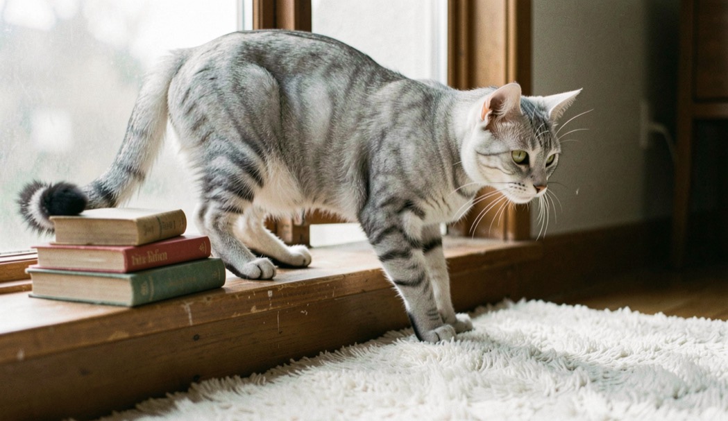 A silver tabby cat balanced on a wooden sill above a soft rug and a small stack of books