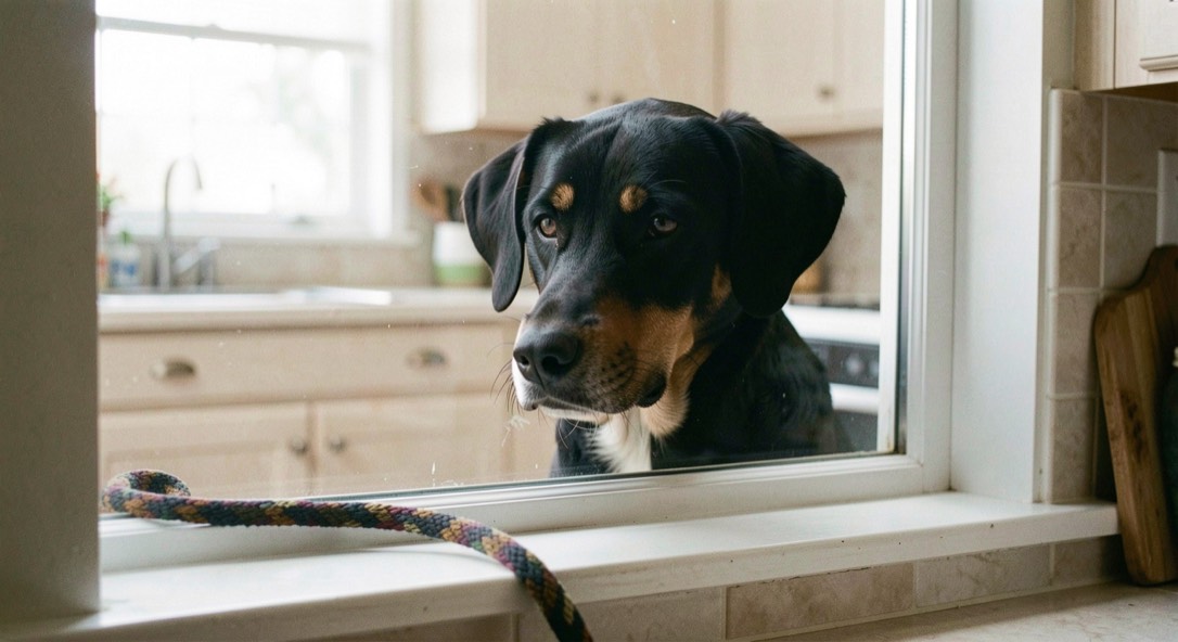 A black and tan dog looking through a bright kitchen window with a lead resting on the sill