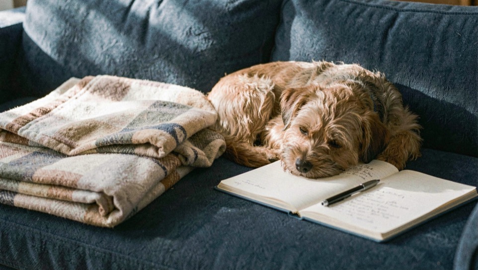 A small dog curled on a blue couch beside a folded blanket and an open notebook in afternoon sun