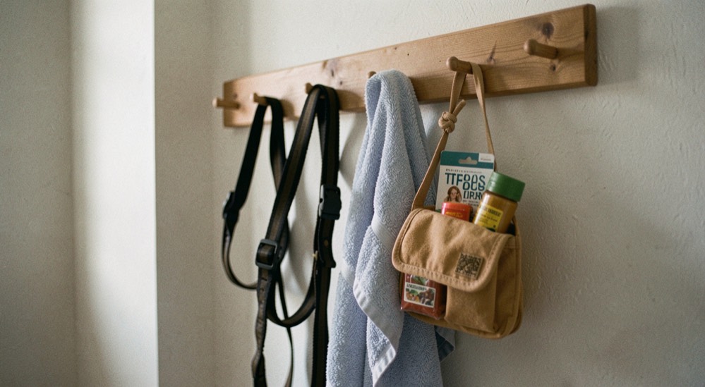 A neatly arranged entryway with a dog harness, lead, towel and treat pouch on a wooden peg rail