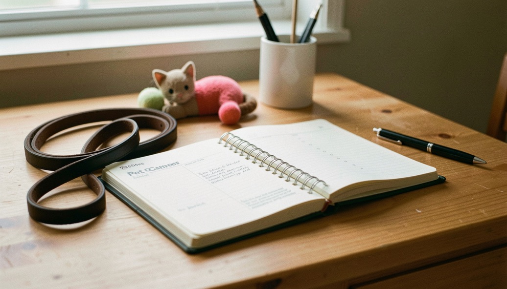 A pet care planner open beside a leash, cat toy and pen on a warm wooden desk