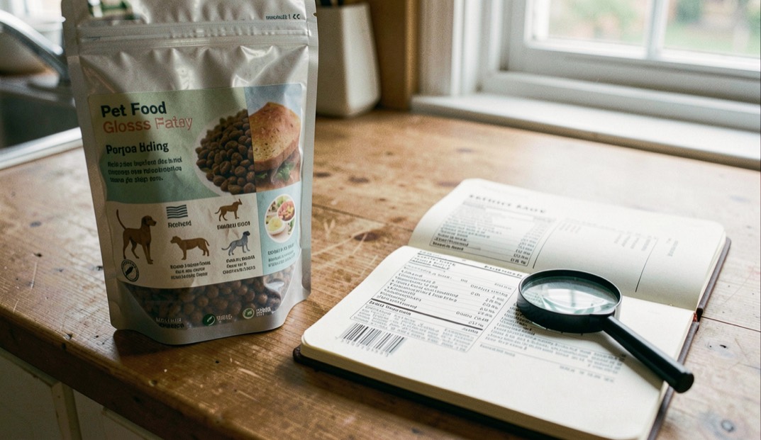 A pet food label glossary notebook beside a sealed food pouch and magnifying glass on a kitchen table