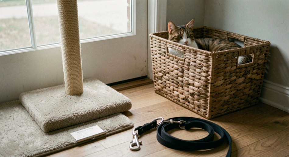 A home audit clipboard beside a cat perch, dog lead and storage basket in a quiet entryway