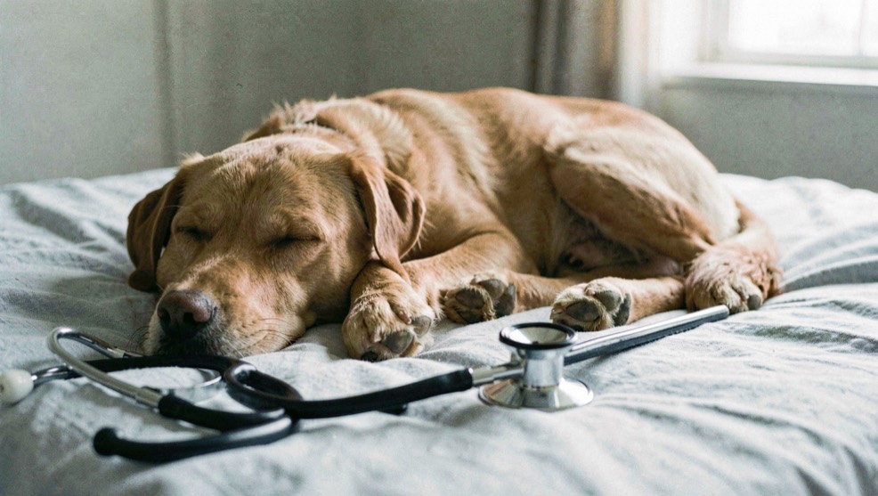 A veterinarian's stethoscope beside a sleeping dog on a clean linen blanket in soft morning light