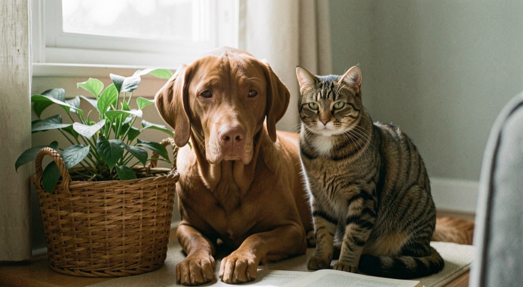 A calm brown dog and tabby cat sharing a sunlit reading corner beside a woven basket and green plant