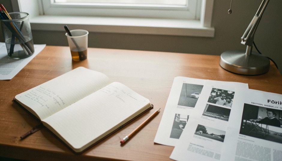 An open editorial field notebook beside a pencil, source printouts and a quiet desk lamp