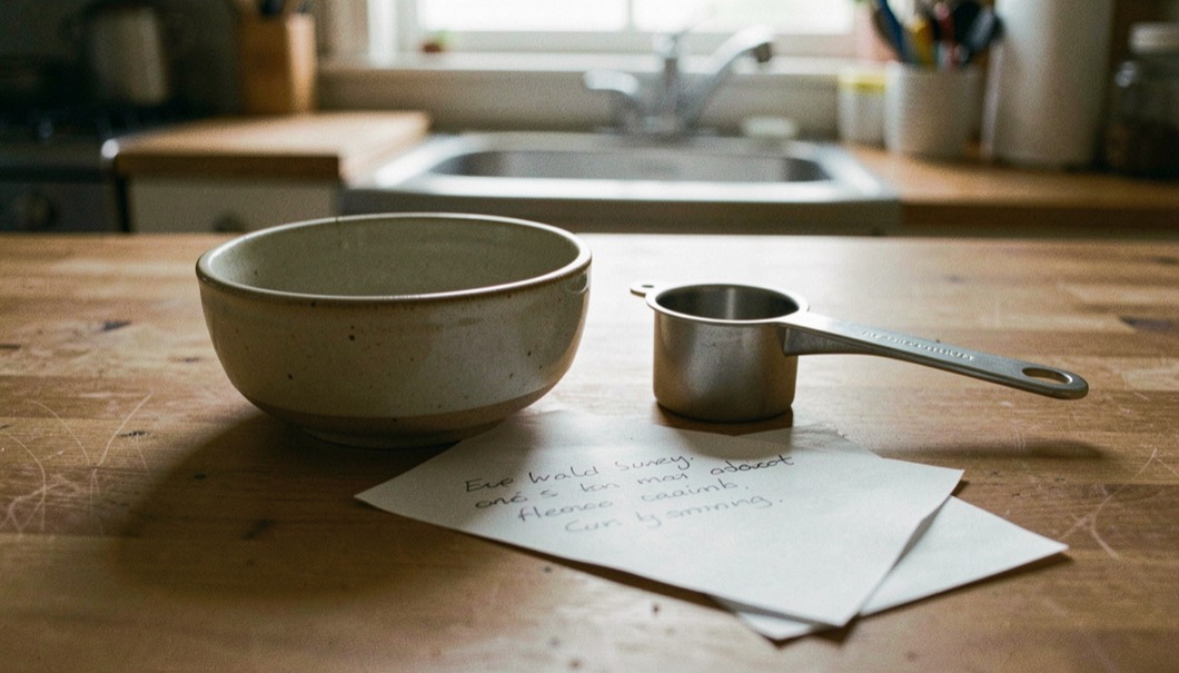 A ceramic pet bowl beside a measuring scoop and a handwritten feeding note on a warm kitchen table