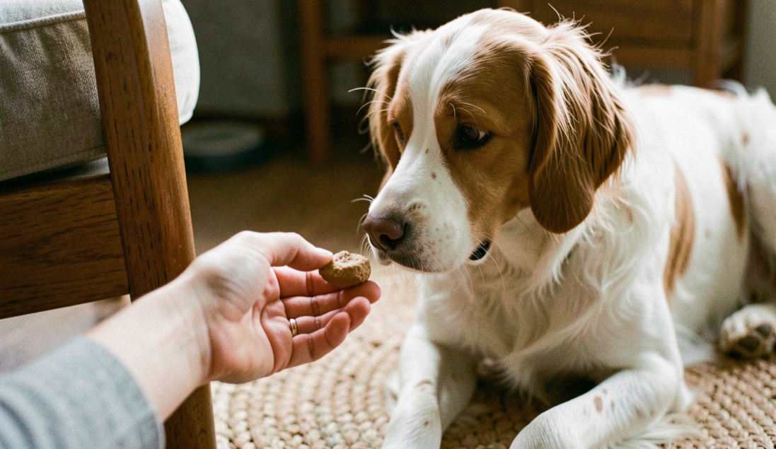 A hand offering a small training treat to an attentive spaniel on a woven mat beside a chair