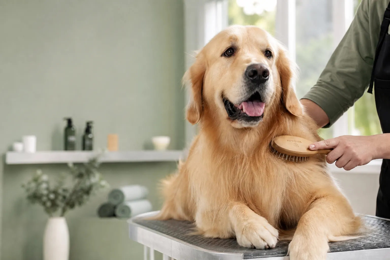 Chien golden retriever bénéficiant d'un brossage doux dans un salon de toilettage lumineux aux tons sauge et crème