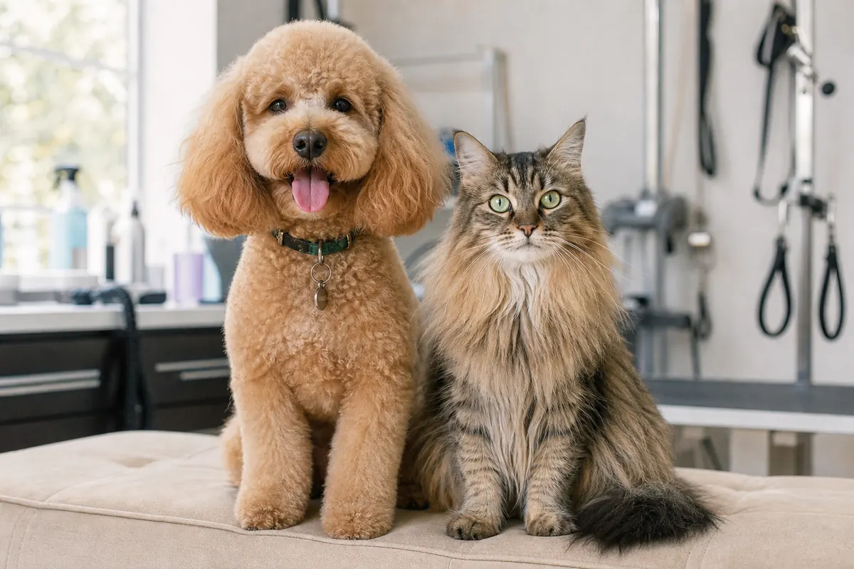 Chien et chat à poils longs assis côte à côte sur un banc crème dans un salon lumineux