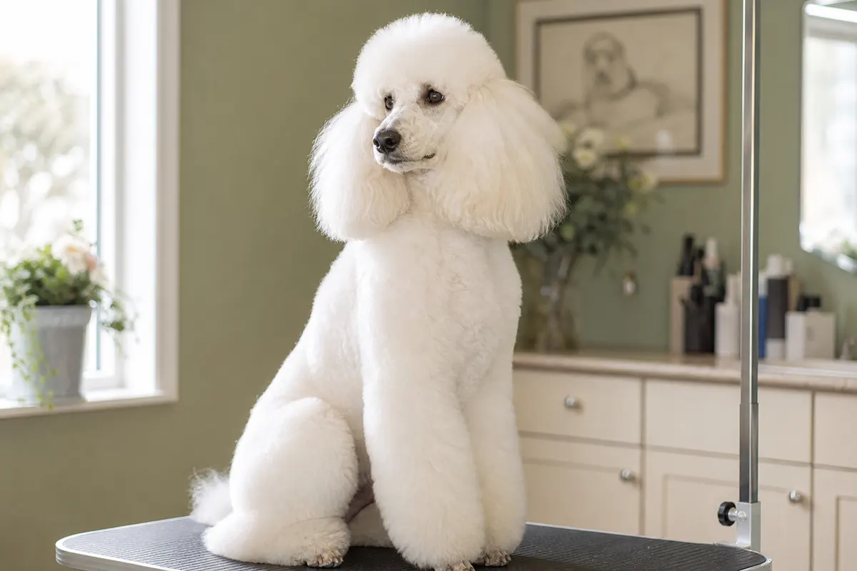 Caniche blanc impeccable assis fièrement sur une table de toilettage