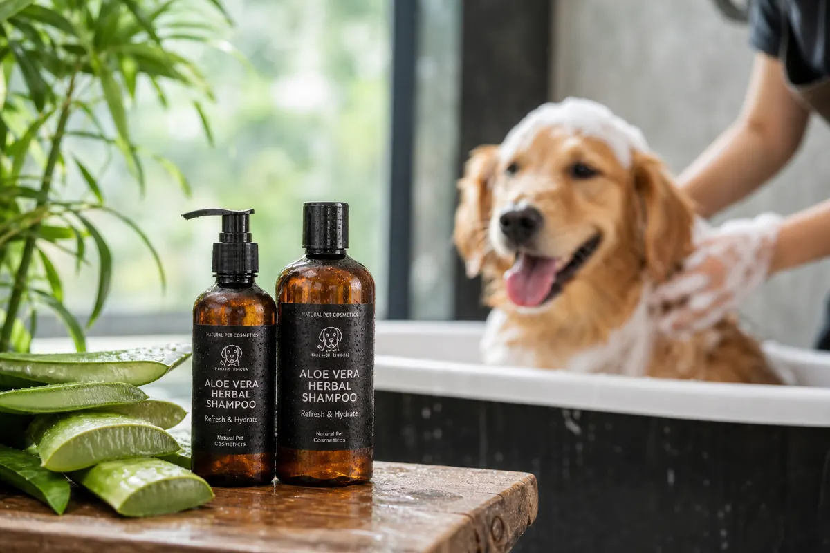 Flacons ambrés de shampoing naturel pour animaux avec feuilles d'aloe vera sur un banc en bois